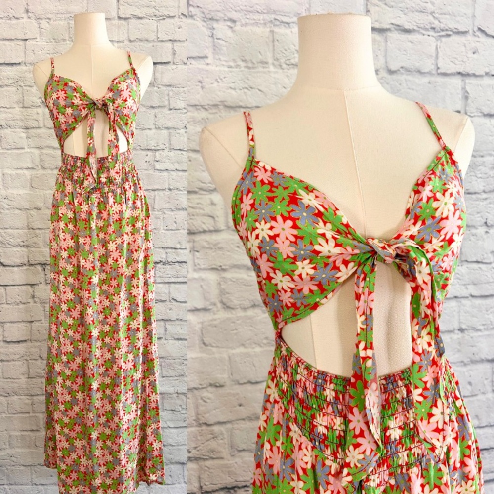 Hesperus 100% Rayon Floral Maxi Dress Tie-Front Travel Vacay Festival Beach Sexy